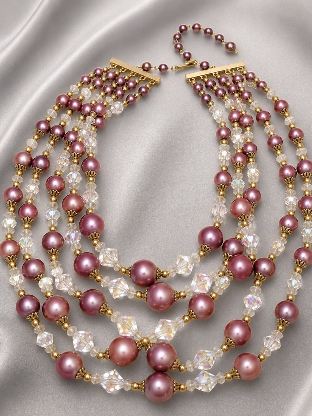 Vintage Pink Pearl Multi Strand Necklace Crystal Bead Layered Statement Bib Neck